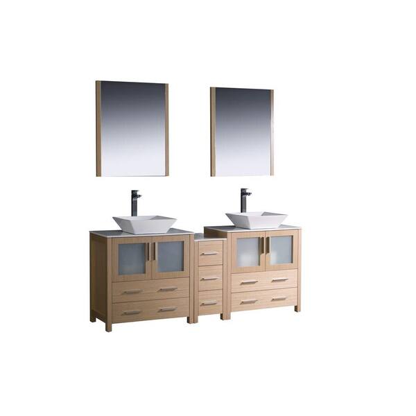 Fresca Torino 72 in. Double Vanity in Light Oak with Glass Stone Vanity Top in White with White Basins and Mirrors
