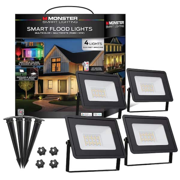 Smart App 800 Lumen Sound Reactive Multicolor Outdoor/Indoor Integrated LED Exterior Lighting Flood Lights, 4-Pack
