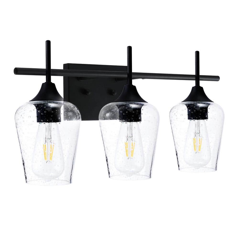 Matte Black 3-Light Vanity with Clear Seeded Glass Shades