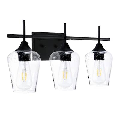 3-Light Black Bathroom Vanity Light with Seeded Glass Shades