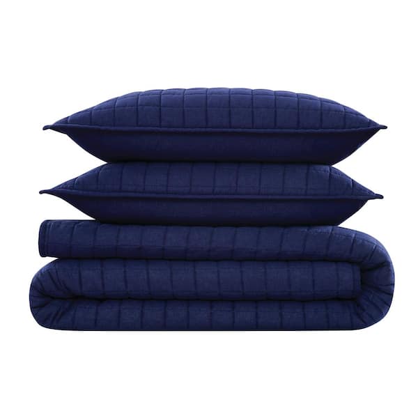 Brooklyn Loom 3-Piece Navy Blue Solid 100% Linen Full/Queen Quilt Set