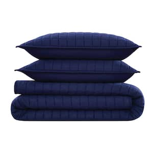 3-Piece Navy Blue Solid 100% Linen King Quilt Set