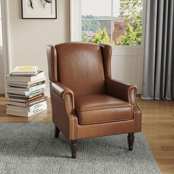 Uixe Brown PU Leather Nailhead Trim Upholstered High Back Accent