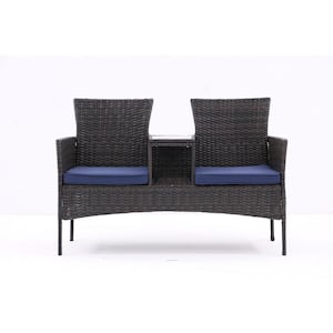 Brown Wicker Outdoor Loveseat Lounge Chairs Patio Conversation Furniture Set with Blue Cushions & Built-in Coffee Table
