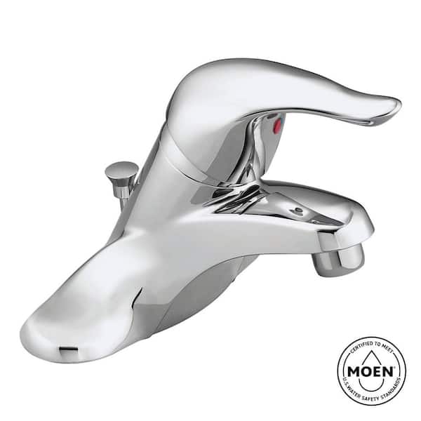 Chateau 4 in. Centerset Single Handle Low-Arc Bathroom Faucet with Metal Drain Assembly, Red/Blue Under Spout in Chrome