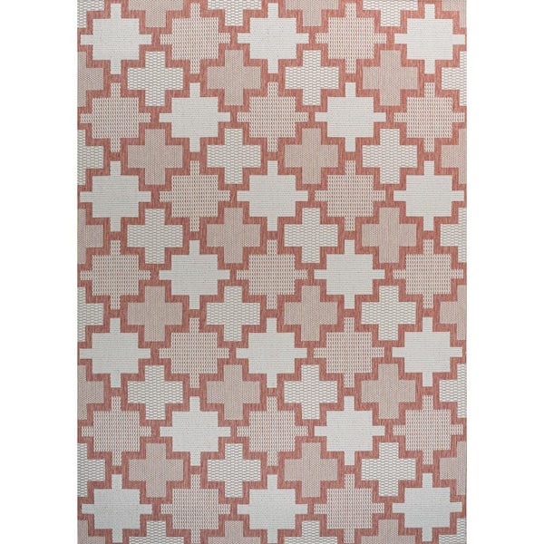 Cyrus Modern Geometric Tile Pattern Salmon/Cream 4 ft. x 6 ft. Indoor/Outdoor Area Rug