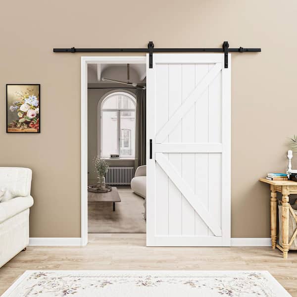 36 in. x 84 in. Paneled off White Primed MDF British K Shape MDF Sliding Barn Door with Hardware Kit