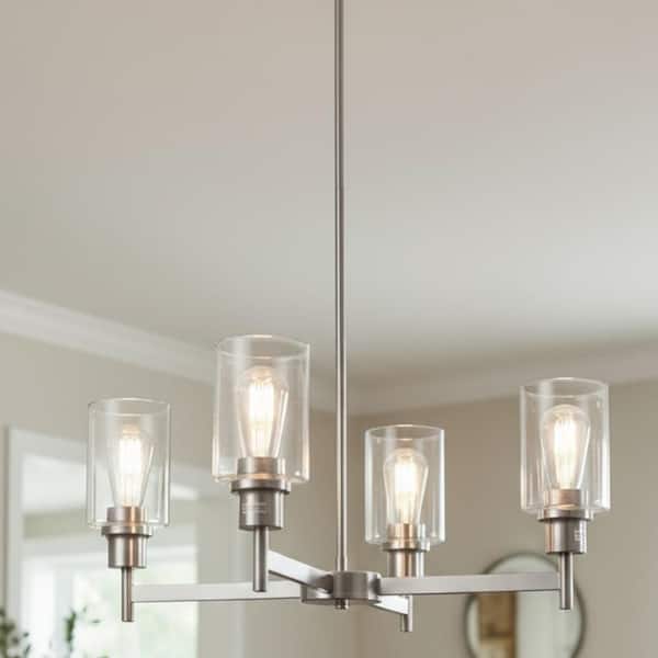 4-Light Brushed Nickel Chandelier with Adjustable Height - Glass Shade Light Fixture for Dining Room Entryway