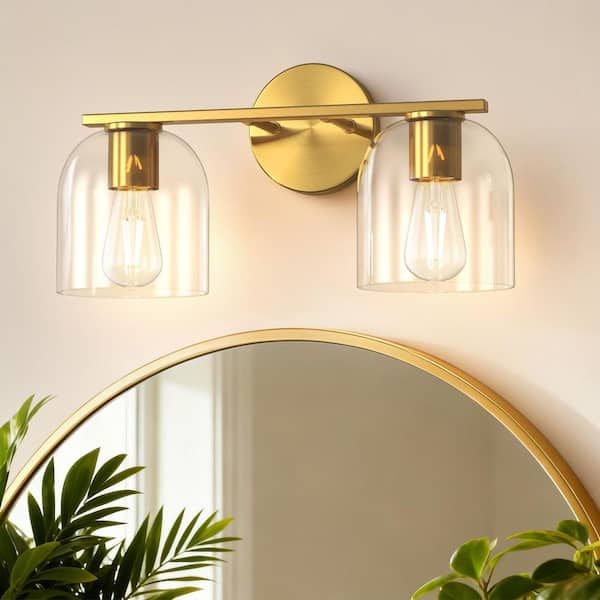 14 in. 2-Light Modern Gold Vanity Light, Clear Glass Farmhouse Bathroom Wall Sconce Light Fixture