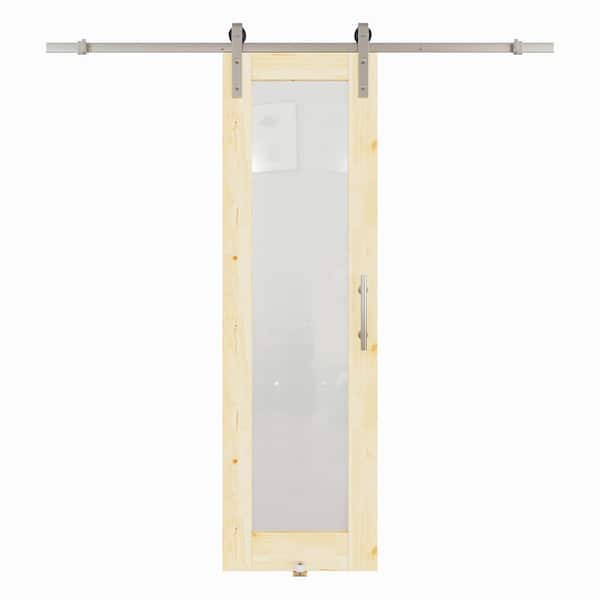 24 in. x 96 in. 1 Lite Frosted Glass Unfinished Solid Pine Wood Sliding Barn Door with Hardware Kit Nickel Plated