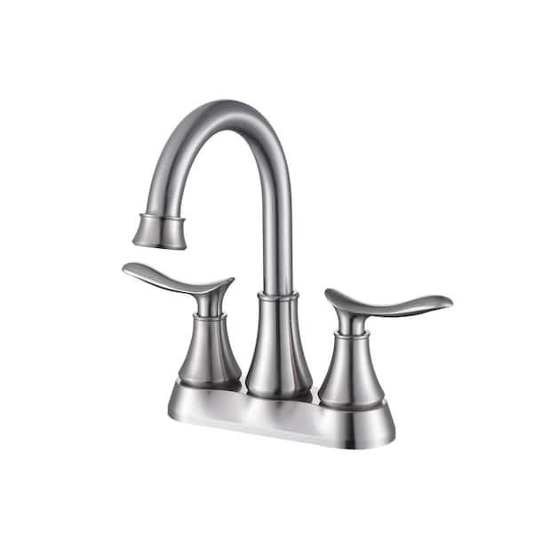 Lukvuzo 4 in. Centerset Double Handle Mid Arc Bathroom Faucet with Drain Kit Included and Supply Hose in Brushed Nickel