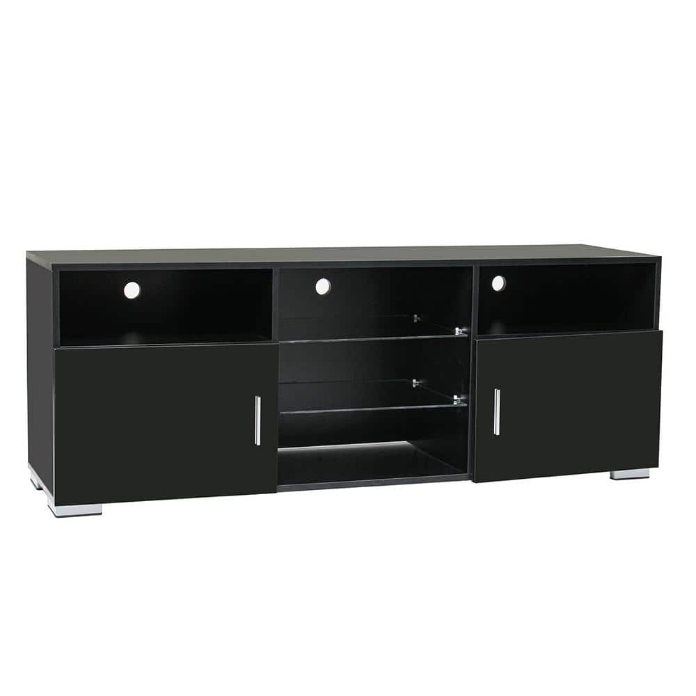 WOODYHOME 57.1 in. Black TV Stand with 2 Storage Drawers and 5 Open Layers  Fits TV's up to 65 in. with RGB LED Light POA5642567 - The Home Depot