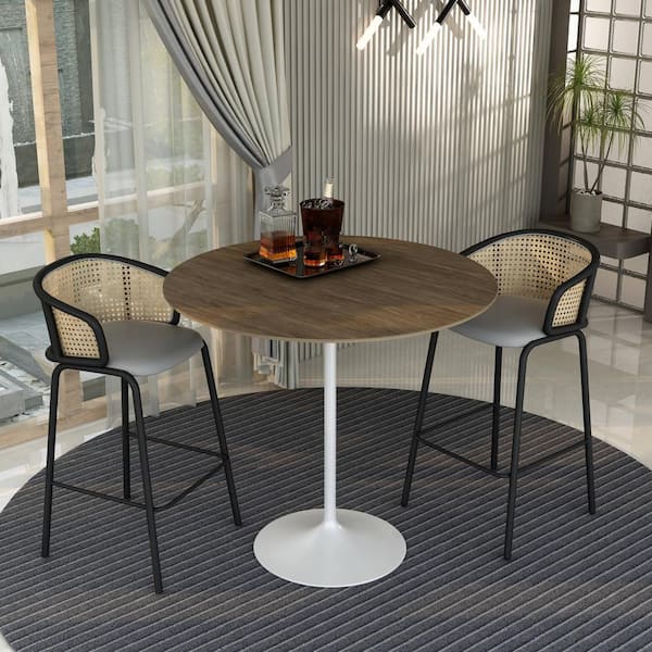 Leisuremod Verve 48 in. Bar Table Round MDF Tabletop Bistro Table in White Stainless Steel Pedestal Base in Dark Walnut