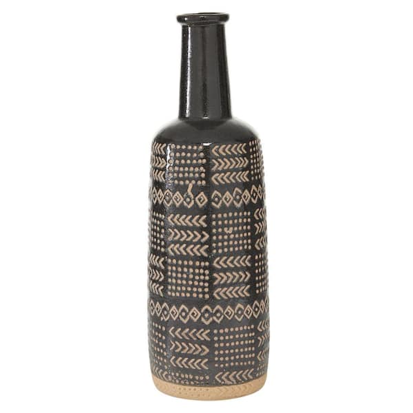 Litton Lane 18 in. Black Tribal Porcelain Ceramic Decorative Vase