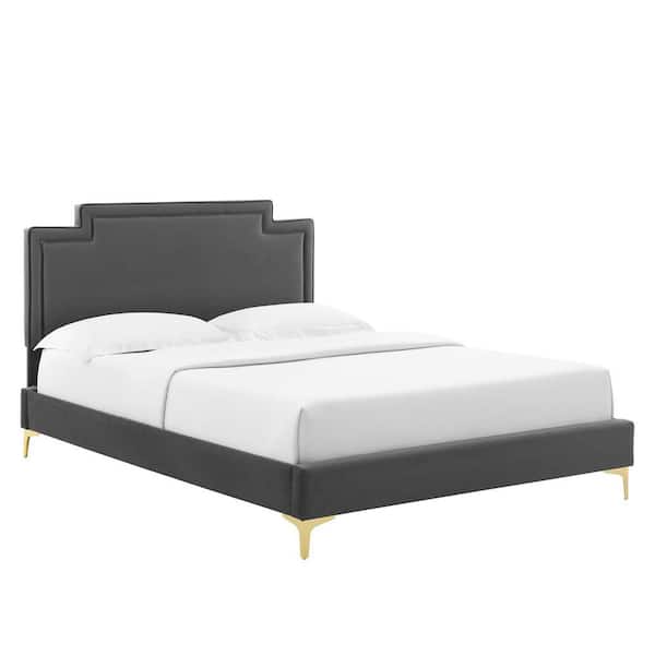 MODWAY Liva Brown Performance Velvet Frame Full Platform Bed with Reinforced Center Beam
