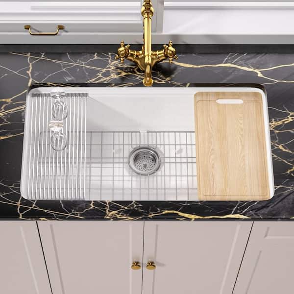33 in. Workstation Kitchen Sink Undermount White Kitchen Sink Single Bowl Workstation Sink Fireclay with Cutting Board