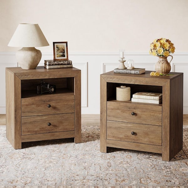 Fenley Rustic Brown 2 Drawers 23.6 in. W Storage Wood Nightstand Set of 2, Rustic Bedside Table with Open Shelf