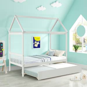 White Wooden Twin Size Bed Frame with Trundle House Bed with Roof, Canopy Bed Daybed for Boys, Girls and Teens