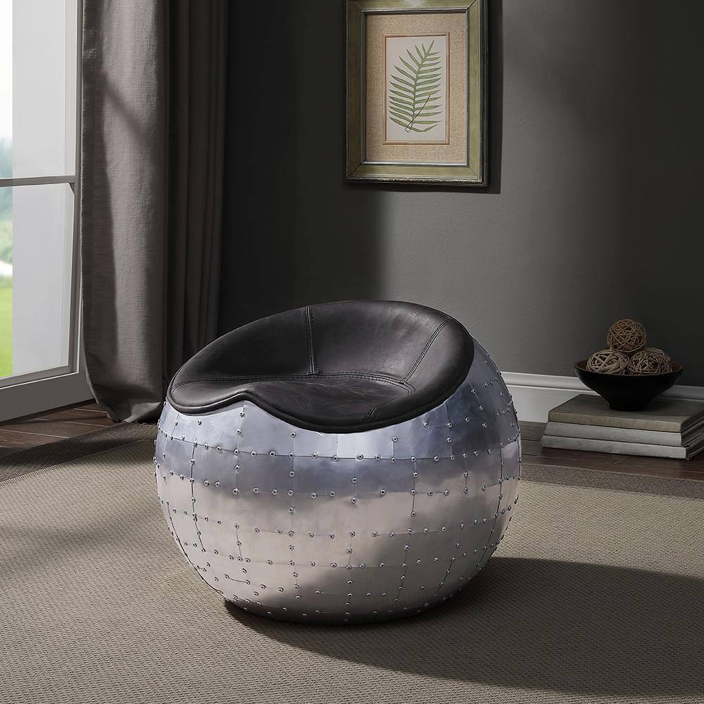 Brancaster Round Leather and Aluminum Ottoman in Antique Ebony