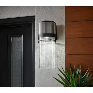 16.5 in. Majestic Black LED Outdoor Wall Lamp with Crackle Glass Shade