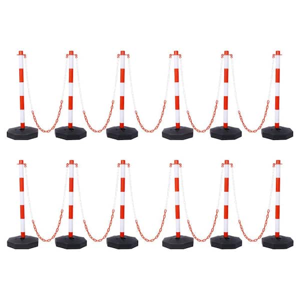12-Pack White/Red Plastic Safety Barrier Post w/Fillable Base, 5 ft. Plastic Chain for Traffic Control and Warning W/R