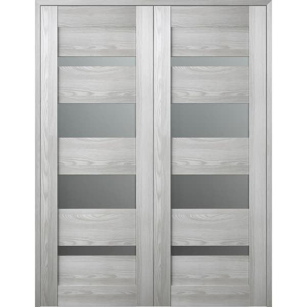 Vona 07-01 64 in. x 80 in. Both Active 4-Lite Frosted Glass Ribeira Ash Wood Composite Double Prehung French Door