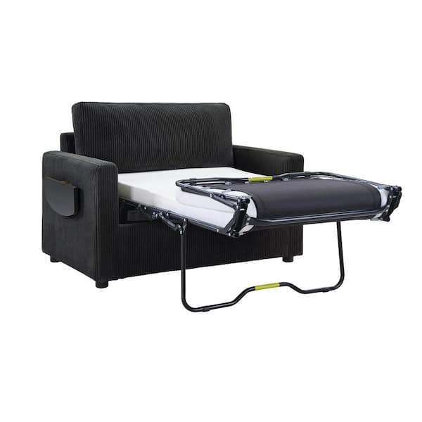 47.2 in. Square Arm Corduroy Rectangle Sofa with Sofa Bed, Foldable Design, USB Ports and Pockets in Black (Seats 2)