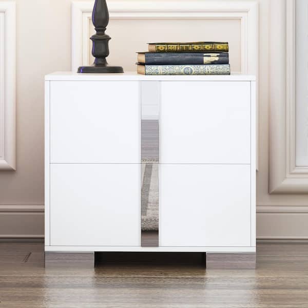 Elegant Wood Nightstand with Metal Handle, Mirrored Bedside Table with 2-Drawers, White