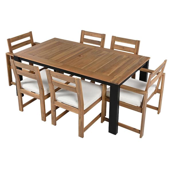 Light Teak 7-Piece Wood Outdoor Dining Set with Beige Cushions and Umbrella Hole for Garden, Backyard, and Poolside
