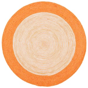 Braided Orange Ivory 5 ft. x 5 ft. Border Striped Round Area Rug