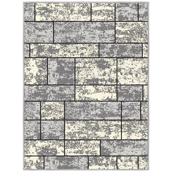 Ottomanson Ottohome Collection Non-Slip Rubberback Boxes Design 2x3 Indoor Entryway Mat, 2 ft. 3 in. x 3 ft., Gray