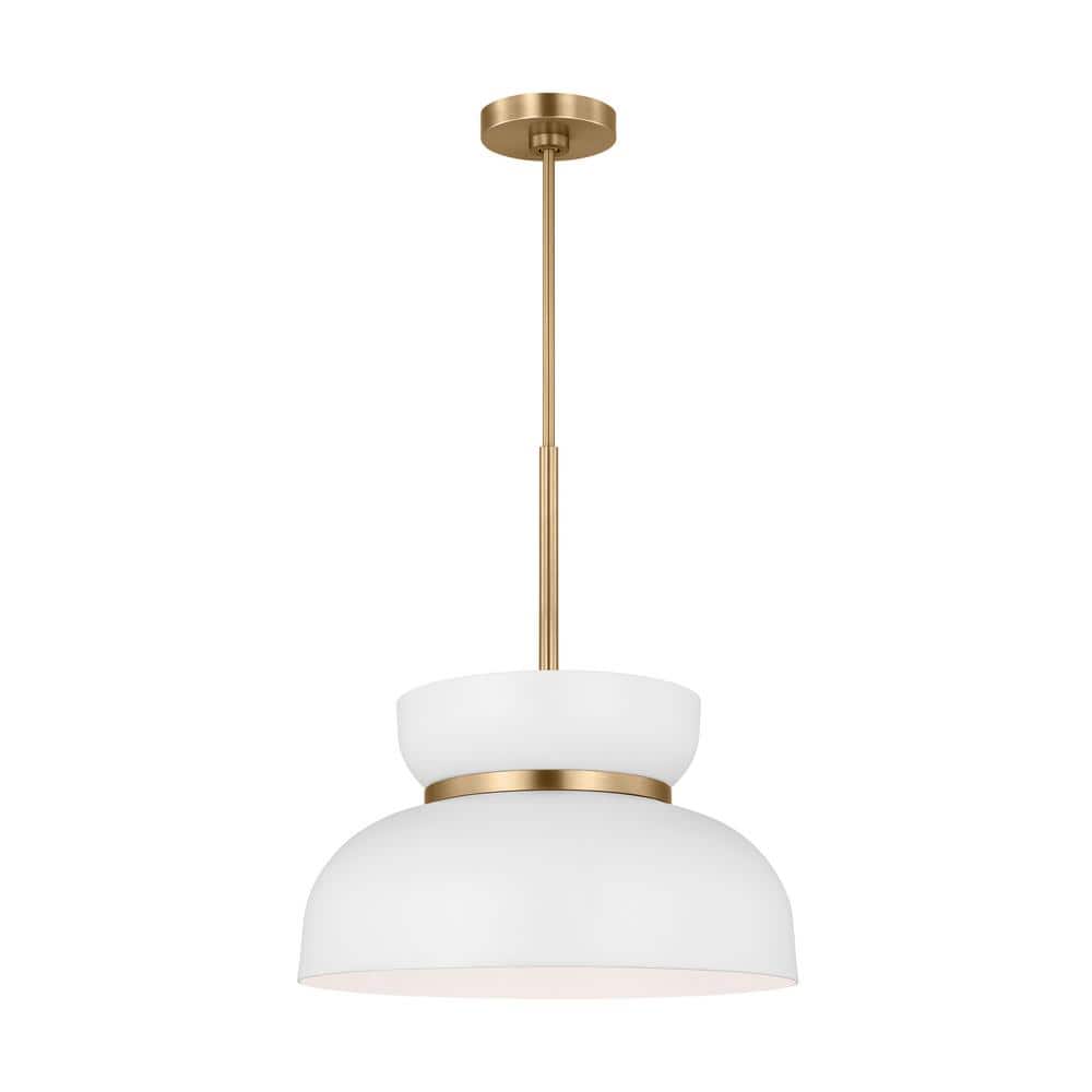 Matte White and Brass 1-Light Pendant with Glass Shade