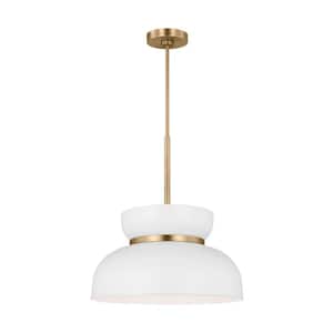 Pemberton Medium 12 in. W x 49.5 in. H 1-Light Matte White and Burnished Brass Shaded Pendant Light with Steel Shade