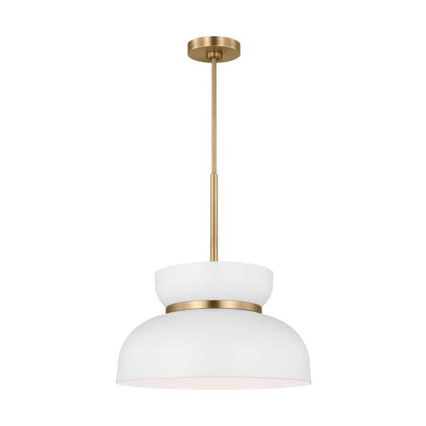 Pemberton Medium 12 in. W x 49.5 in. H 1-Light Matte White and Burnished Brass Shaded Pendant Light with Steel Shade