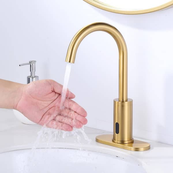 DC Powered Commercial Sensor Touchless Single Hole High-Arc Bathroom Faucet with Deck Plate in Gold