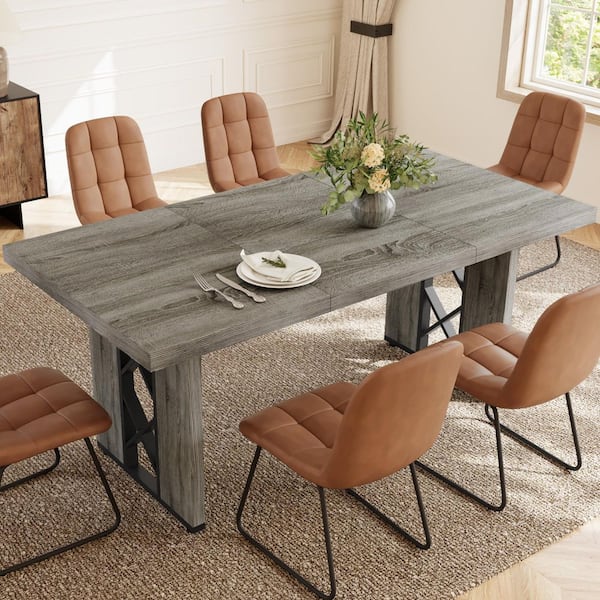 7-Pieces Rectangular Gray MDF Top Dining Table Set Seating 6 People(Gray Table+6 Brown Chairs）