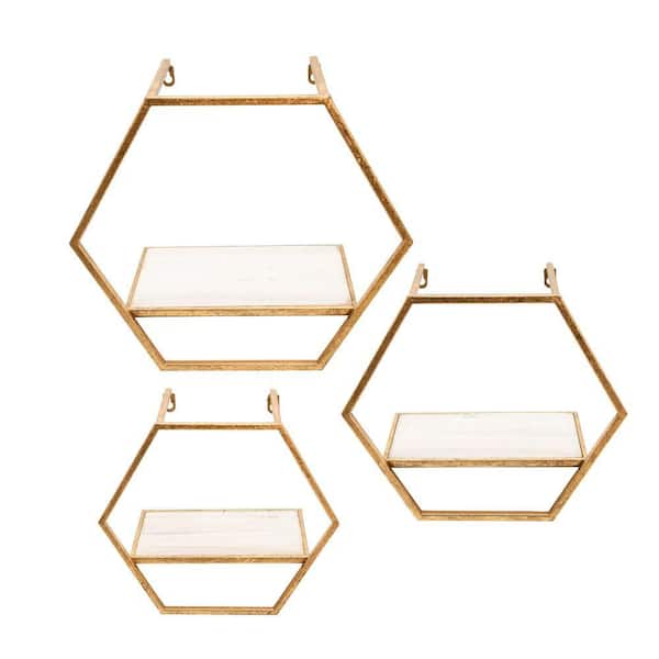 Benjara 16 in. x 8 in. x 14 in. Gold Hexagon Shaped Metal and Wooden Shelf (Set of 3)