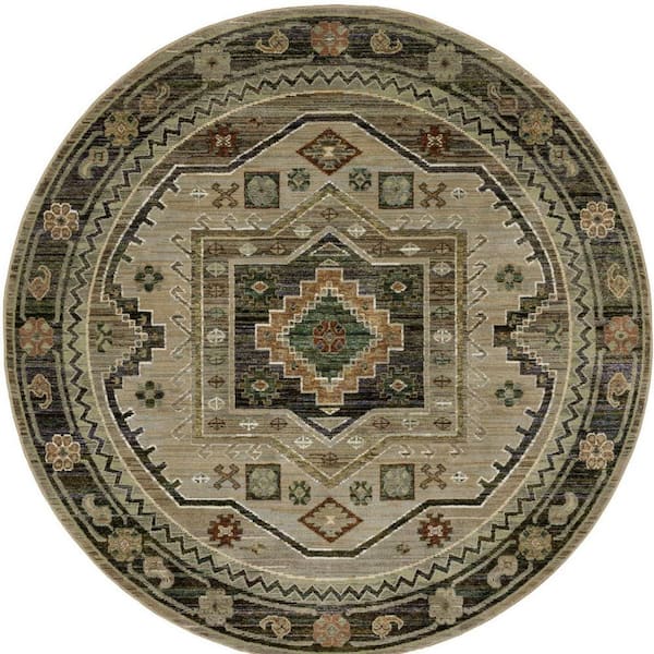 8' Round Gray, Green Tribal Washable Area Rug Runner Rug