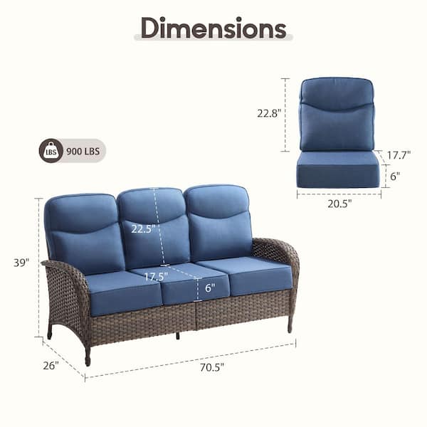 High Crescent 3-Person Seat Brown Wicker Patio Outdoor Sofa Loveseat with Blue Cushions