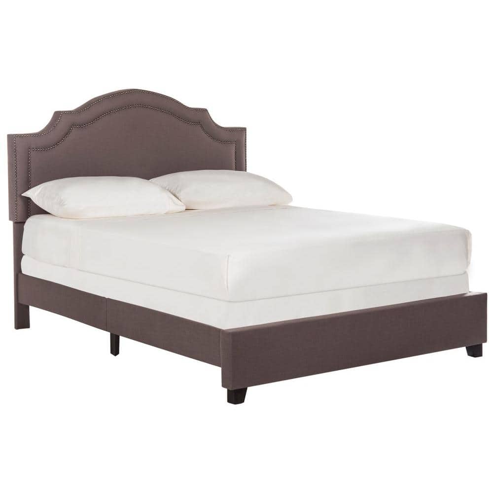 Elegant Gray Linen Full Platform Bed with Nailhead Trim