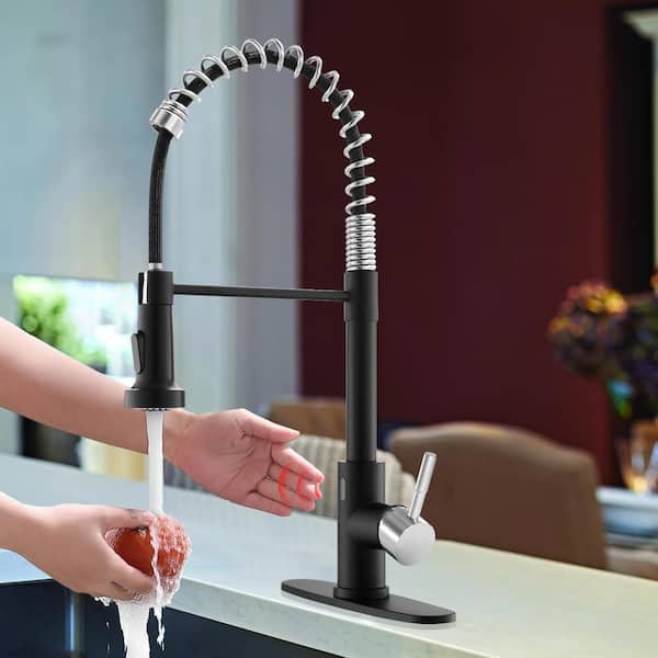 Single-Handle 2-Spray Pull-Down High-Arc Touch Kitchen Faucet with Deck Plate in BlackandBrushed Nickel