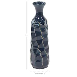 21 in. Blue Faceted Ceramic Decorative Vase with Gold Accents