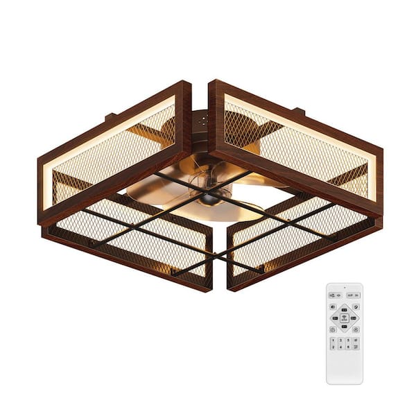 18.9" Ceiling Fan with 1 Light Remote Control, Farmhouse Wood Grain Brown Square 3 Color Temp Pendant Light for Home