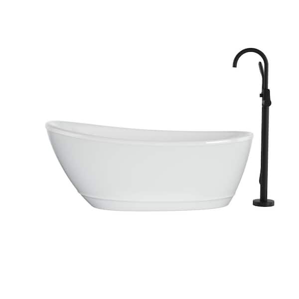 JACUZZI Johanna 59 in. x 30 in. Acrylic Flatbottom Freestanding Soaking Bathtub in White with Matte Black Tub Filler