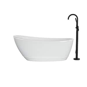 Johanna 59 in. x 30 in. Acrylic Flatbottom Freestanding Soaking Bathtub in White with Matte Black Tub Filler