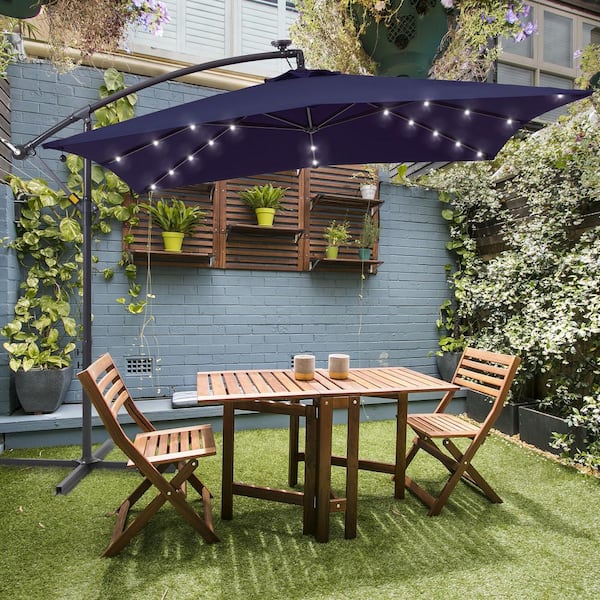 8.2 ft. Solar LED Steel Pole and Ribs Square Outdoor Cantilever Offset Hanging Patio Umbrellas in Navy Blue