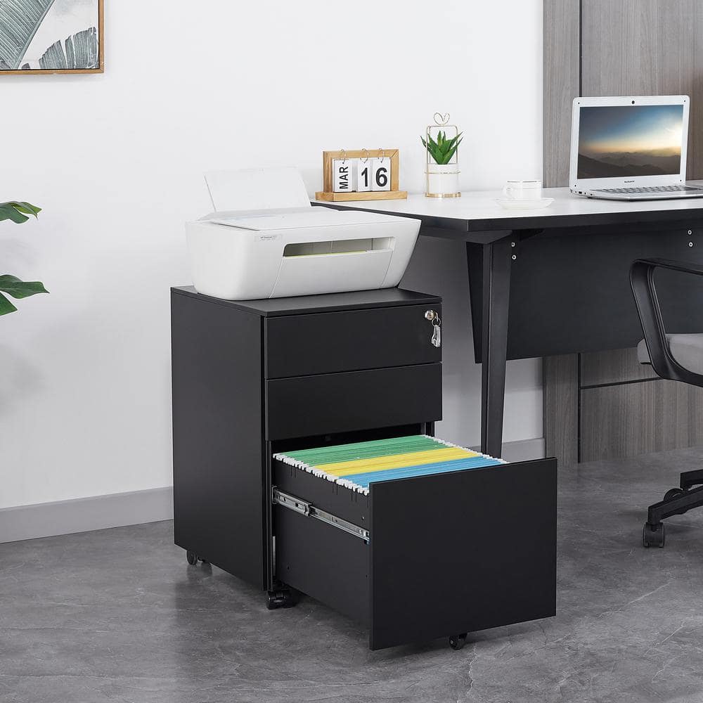 Black Mobile 3-Drawer Lockable Metal Filing Cabinet