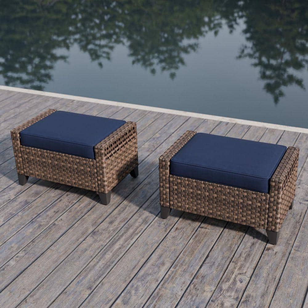 Wicker Outdoor Patio Ottoman with Blue Cushions (2-Pack)