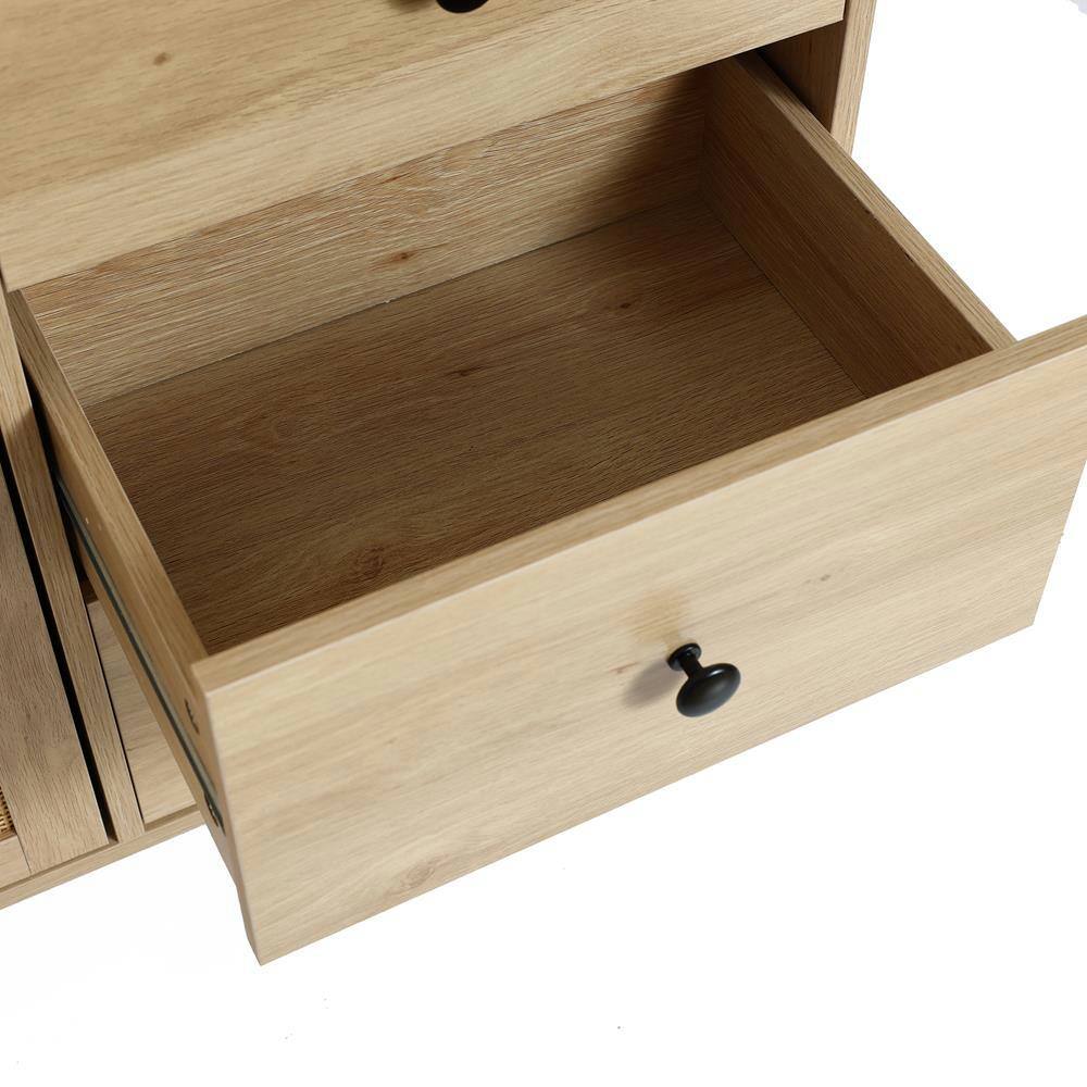 White Oak and Rattan 4-Drawer Storage Cabinet
