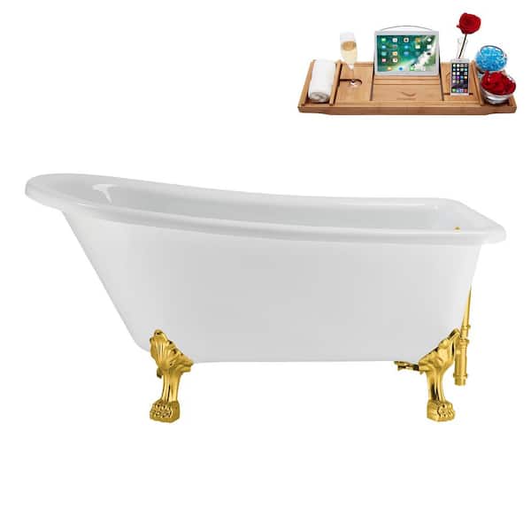Streamline 58 in. x 28 in. Acrylic Clawfoot Soaking Bathtub in Glossy White with Polished Gold Drain, Polished Gold Clawfeet